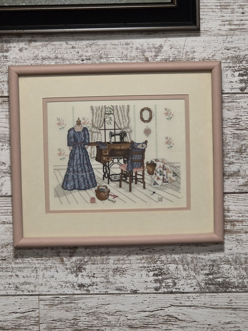 Framed Pink Home Office Wall Art - Cross-Stitch Sewing Scene